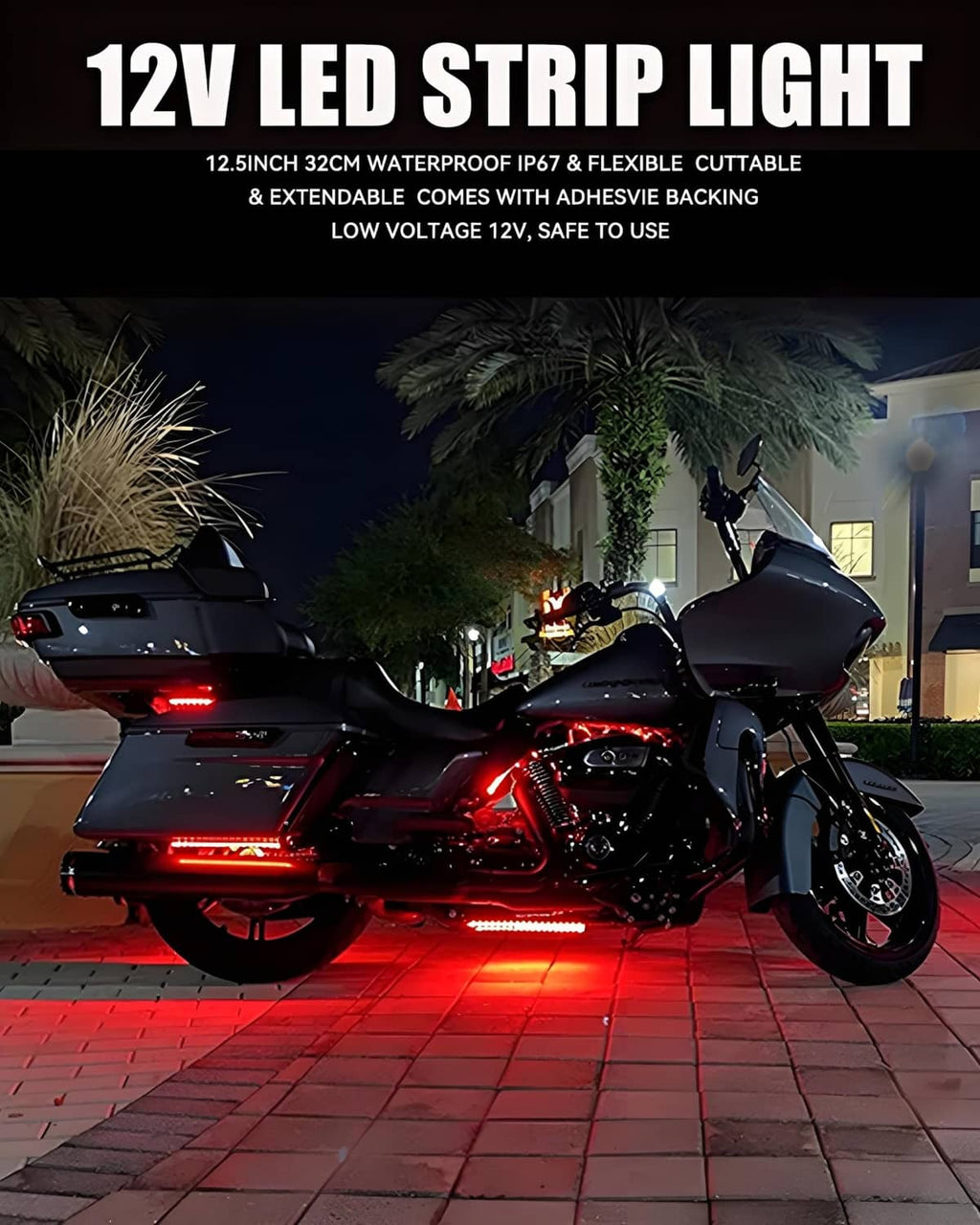 Red LED strip lights glowing on a motorcycle at night