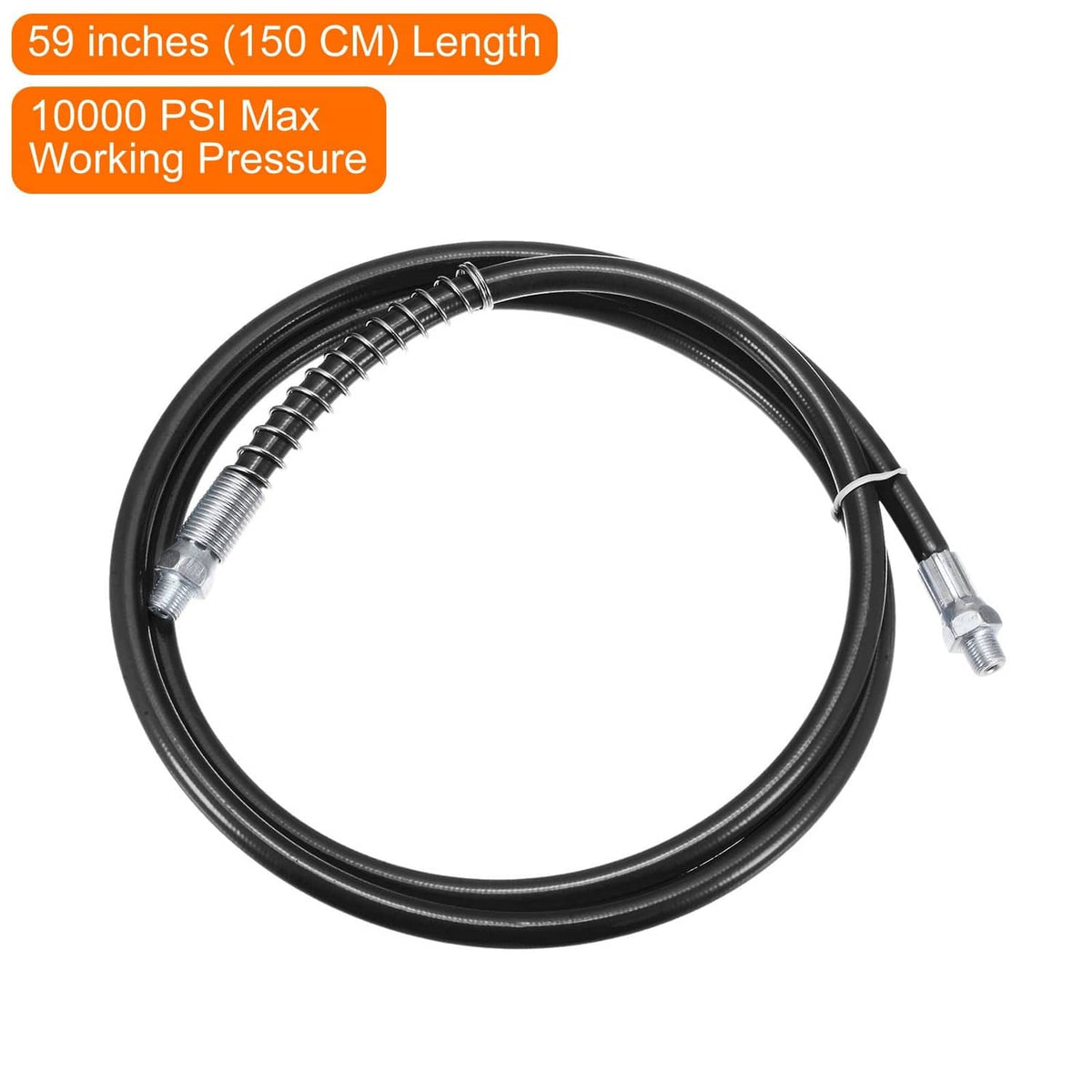 Black 59-inch grease gun hose with spring-flex coil and metal threaded couplers