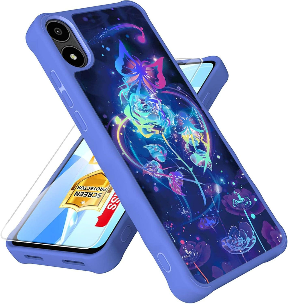 Blue protective phone case with neon character artwork and raised camera cutout