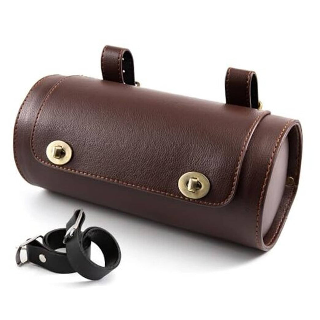 Brown leather-look motorcycle handlebar mini bag with gold snap closure and straps