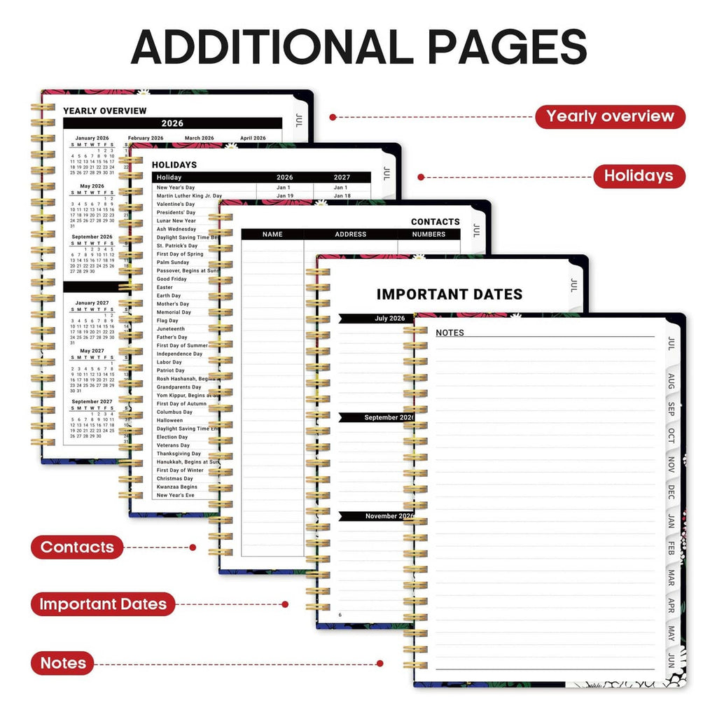 Planner extra pages showing yearly overview, contacts, important dates, and notes