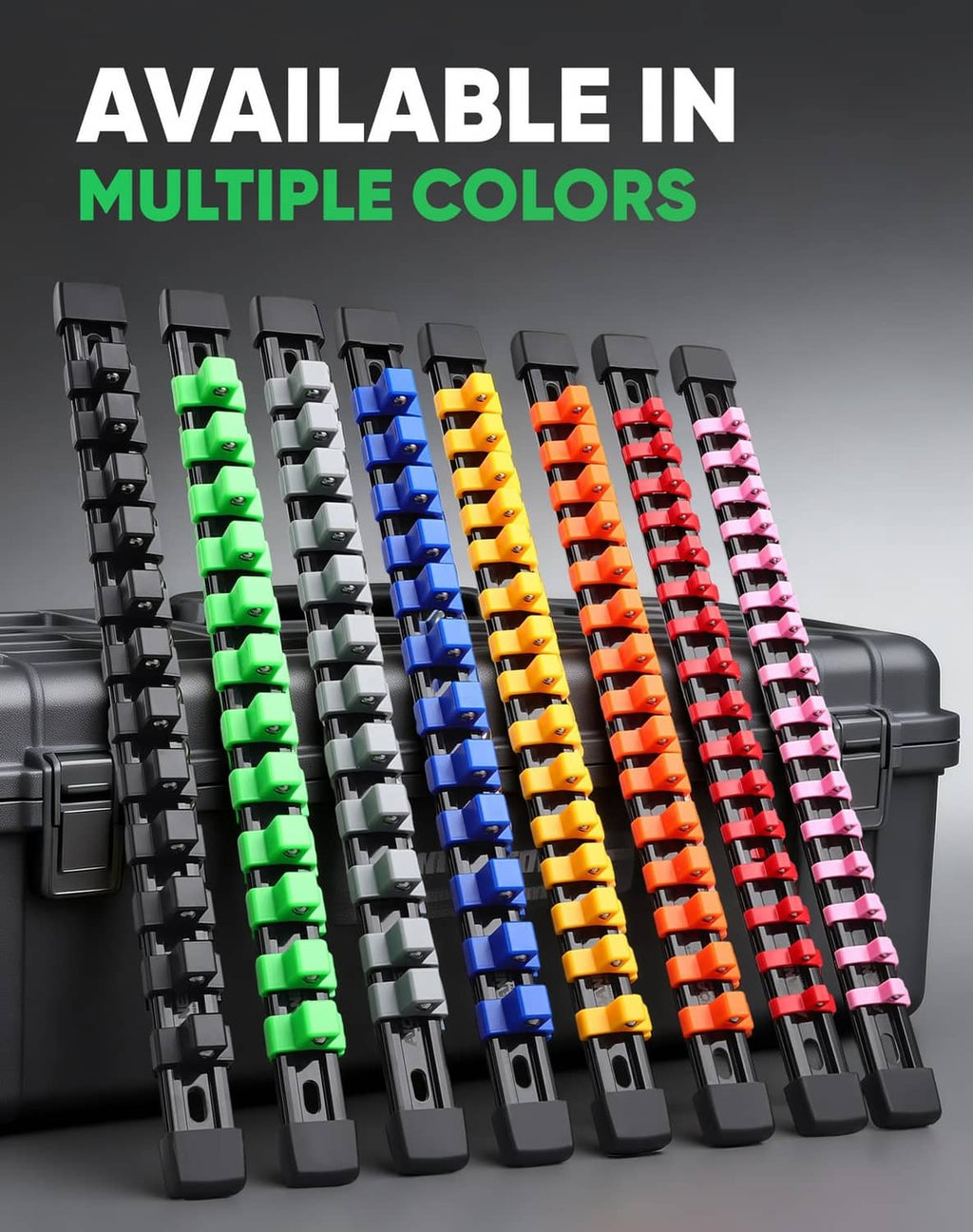 Socket organizer rails in multiple colors with rows of clips for sockets