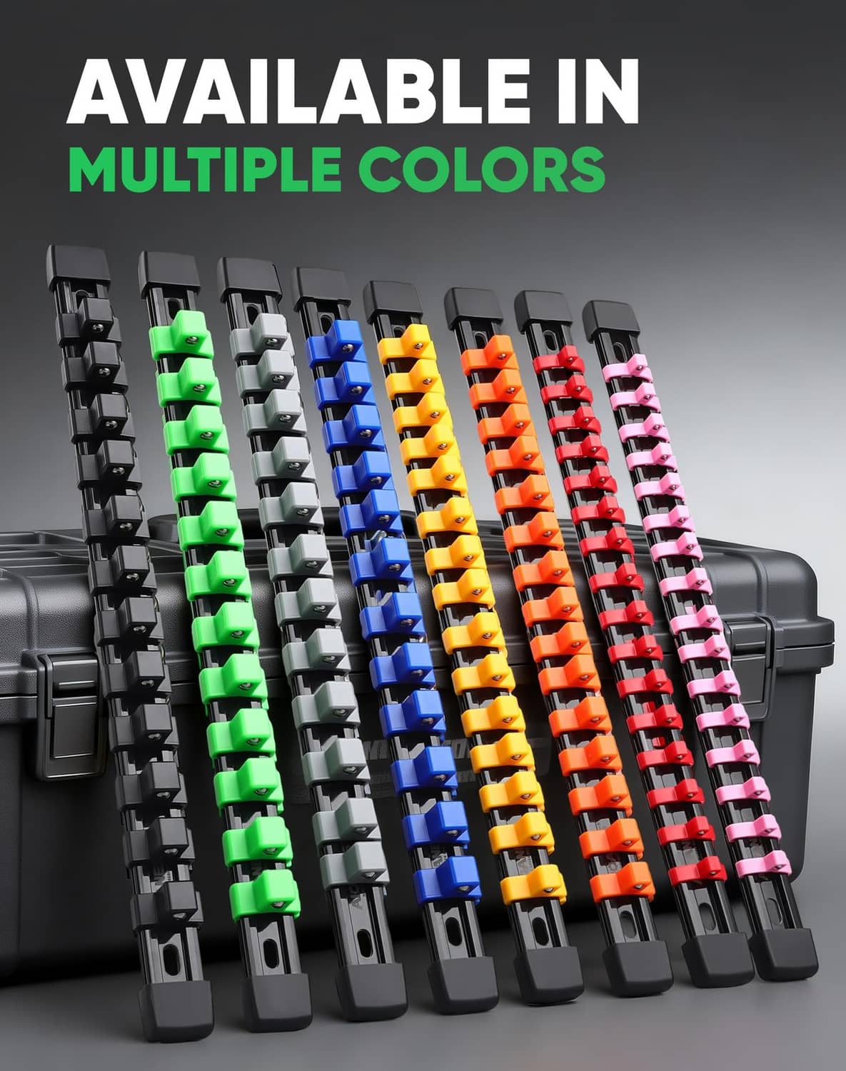 Socket organizer rails in multiple colors with rows of clips for sockets