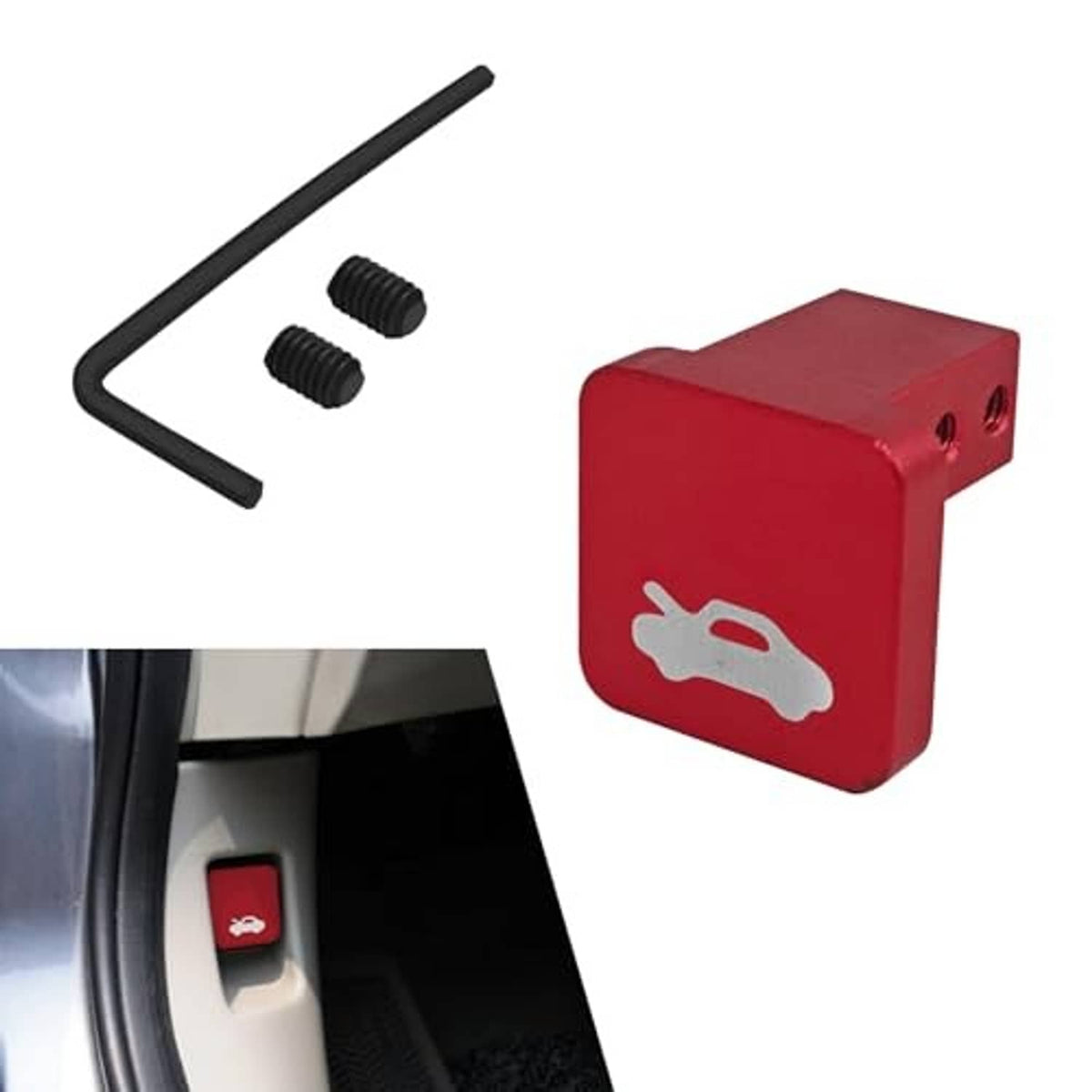 Red hood latch release handle with black cable and two fastening screws, L-shape