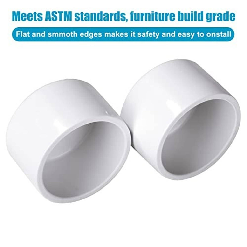 Two white PVC pipe end caps with smooth edges and round hollow interior