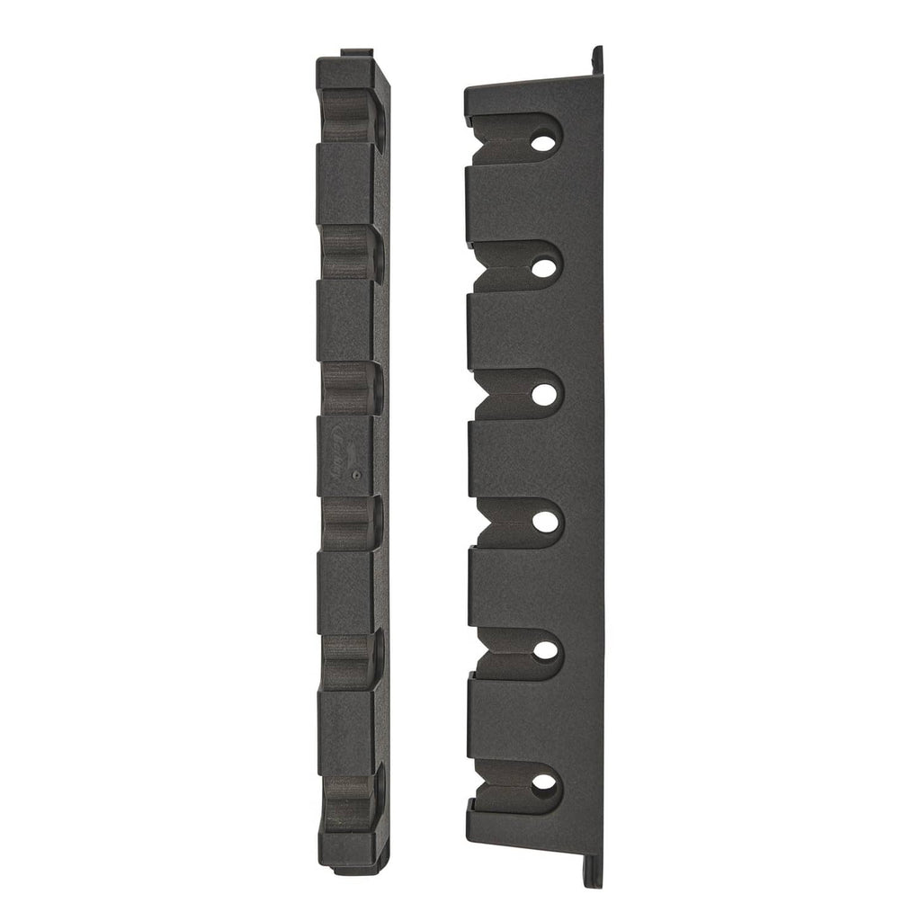 Two black horizontal rod rack bars with foam slots and mounting holes
