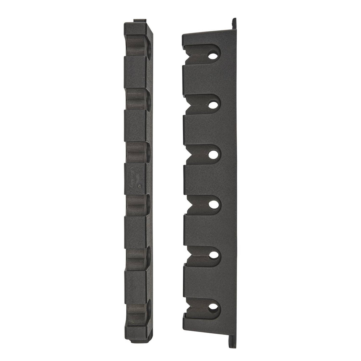 Two black horizontal rod rack bars with foam slots and mounting holes
