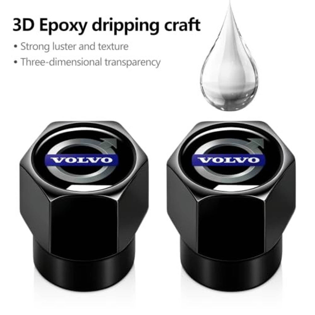 Black hex tire valve stem cap with blue Volvo logo; textured glossy top