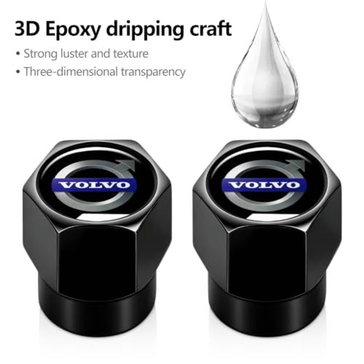 Black hex tire valve stem cap with blue Volvo logo; textured glossy top