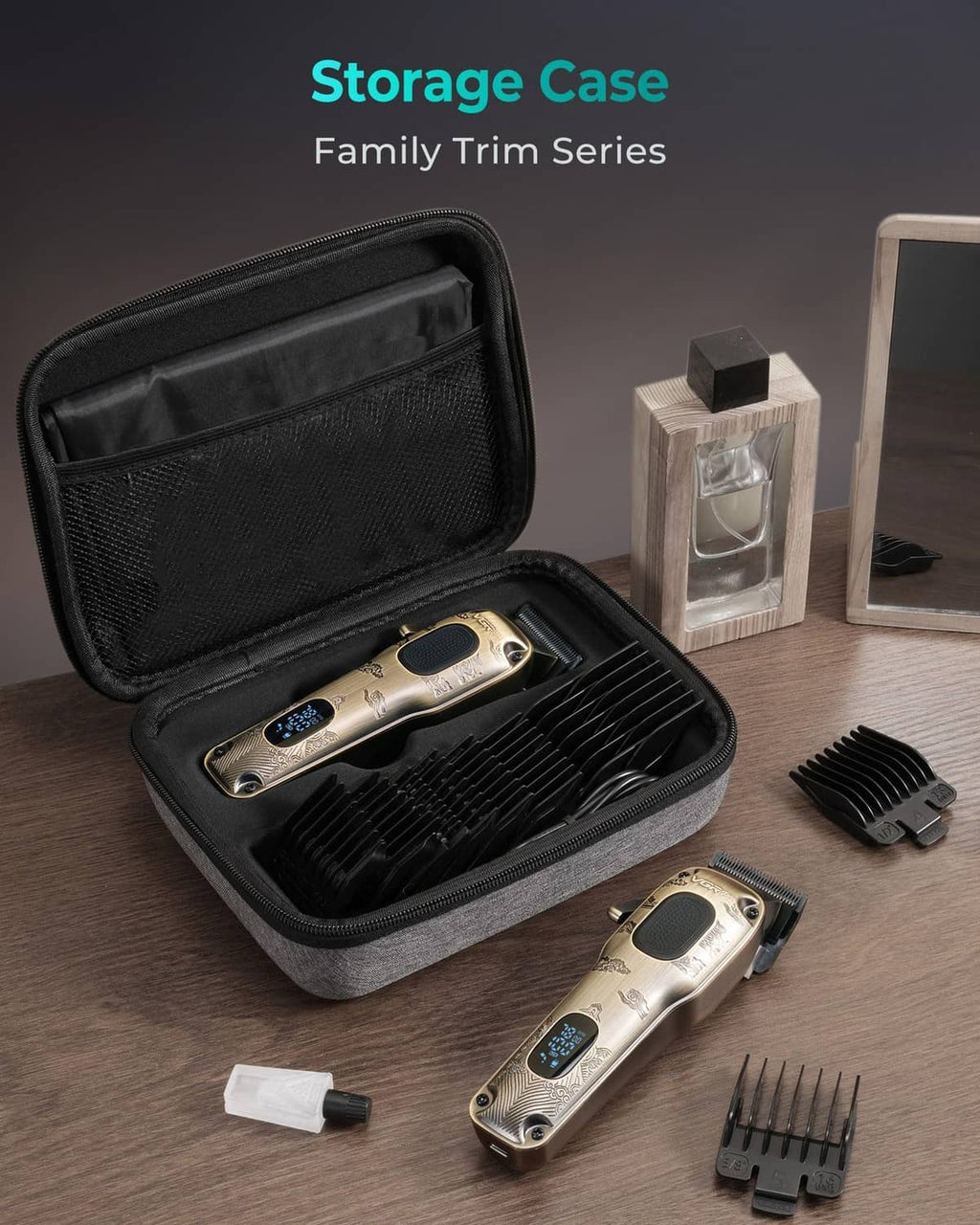 Hair clipper storage case with gold clipper and guard comb attachments