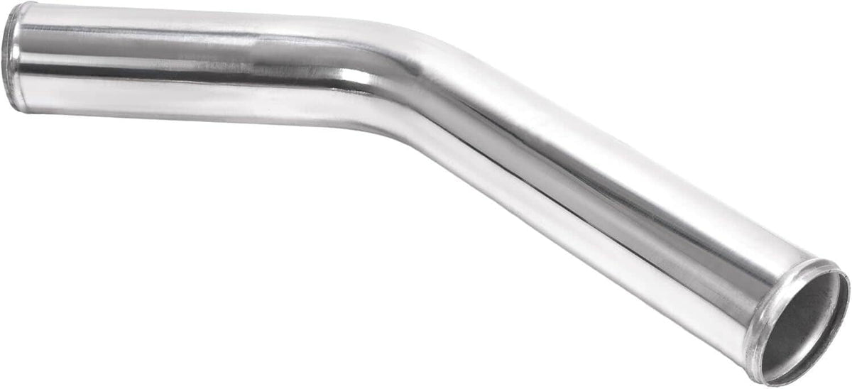 Polished aluminum angled intercooler pipe with black end opening
