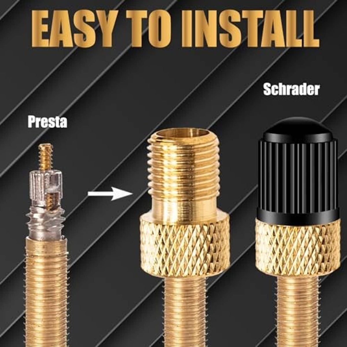 Brass Presta valve adapter with black rubber core and black ridged cap