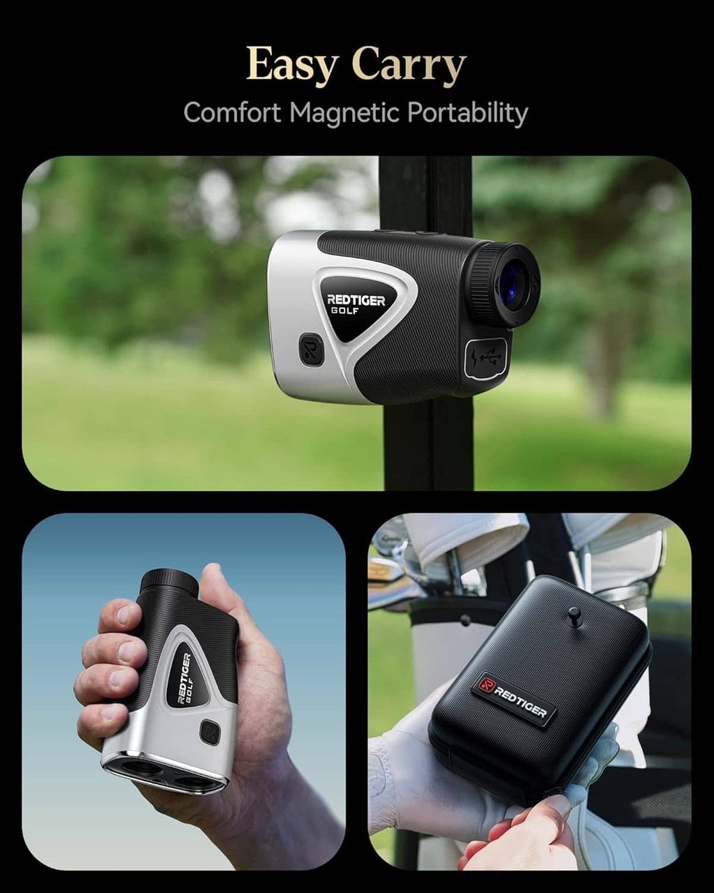 Golf laser rangefinder with compact design, handheld grip and included protective case