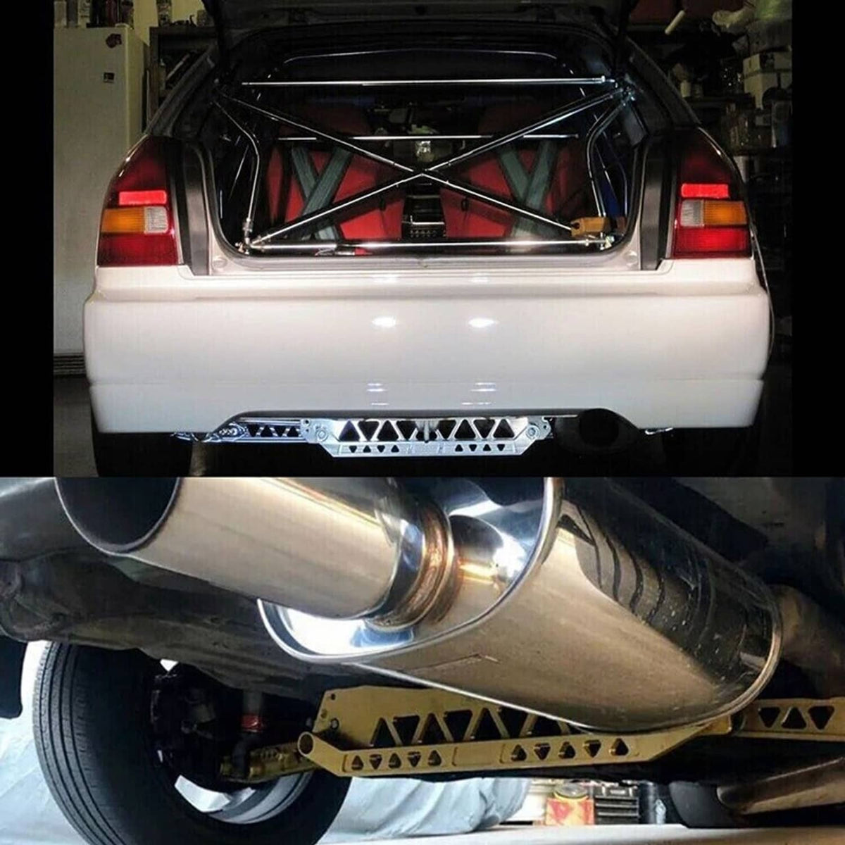 Installed silver rear subframe brace and lower control arms under a Honda Civic