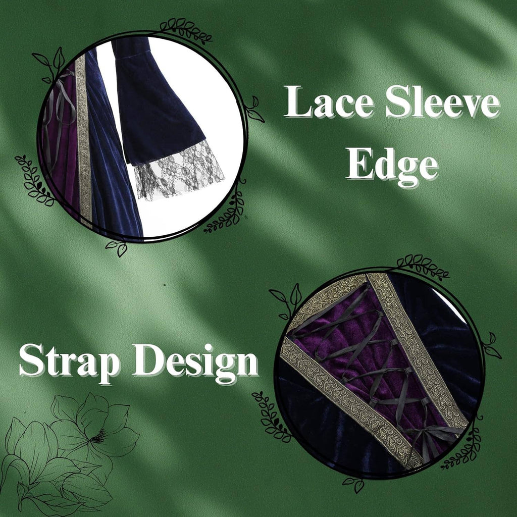 Medieval hooded gown detail graphic: lace sleeve edge and corset strap design