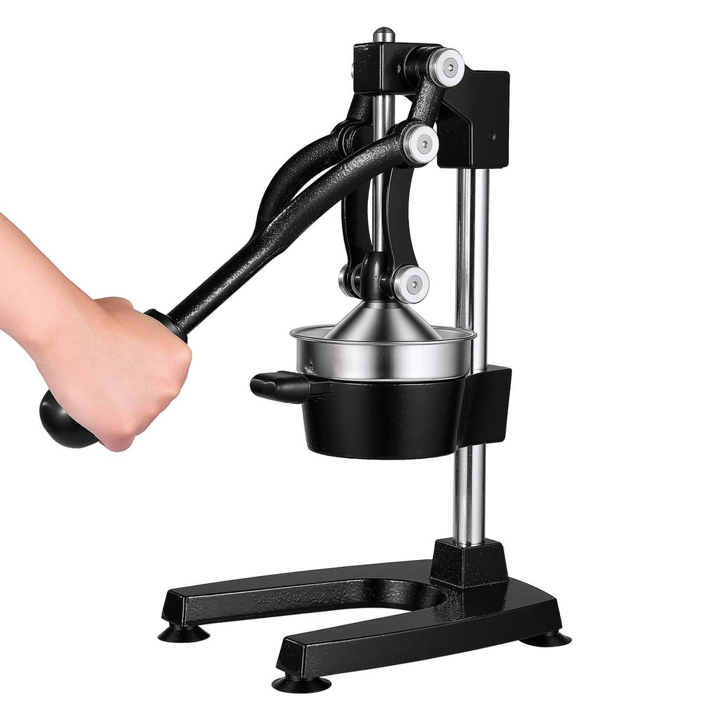 Manual citrus juicer on black base with tall metal stand and reamer cup