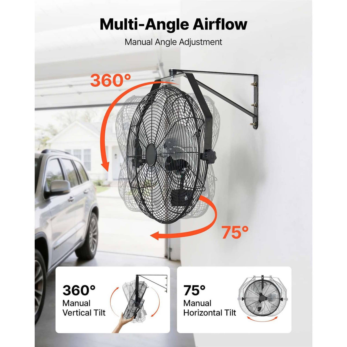 Wall fan with wire grille and multi-angle tilting mount frame