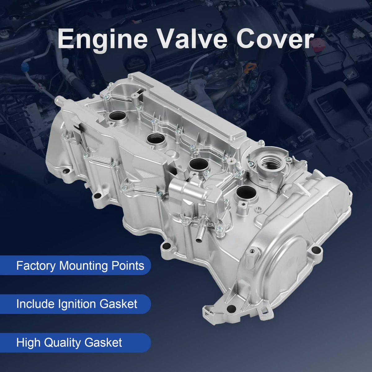 Silver aluminum engine valve cover assembly with port openings and bolt holes