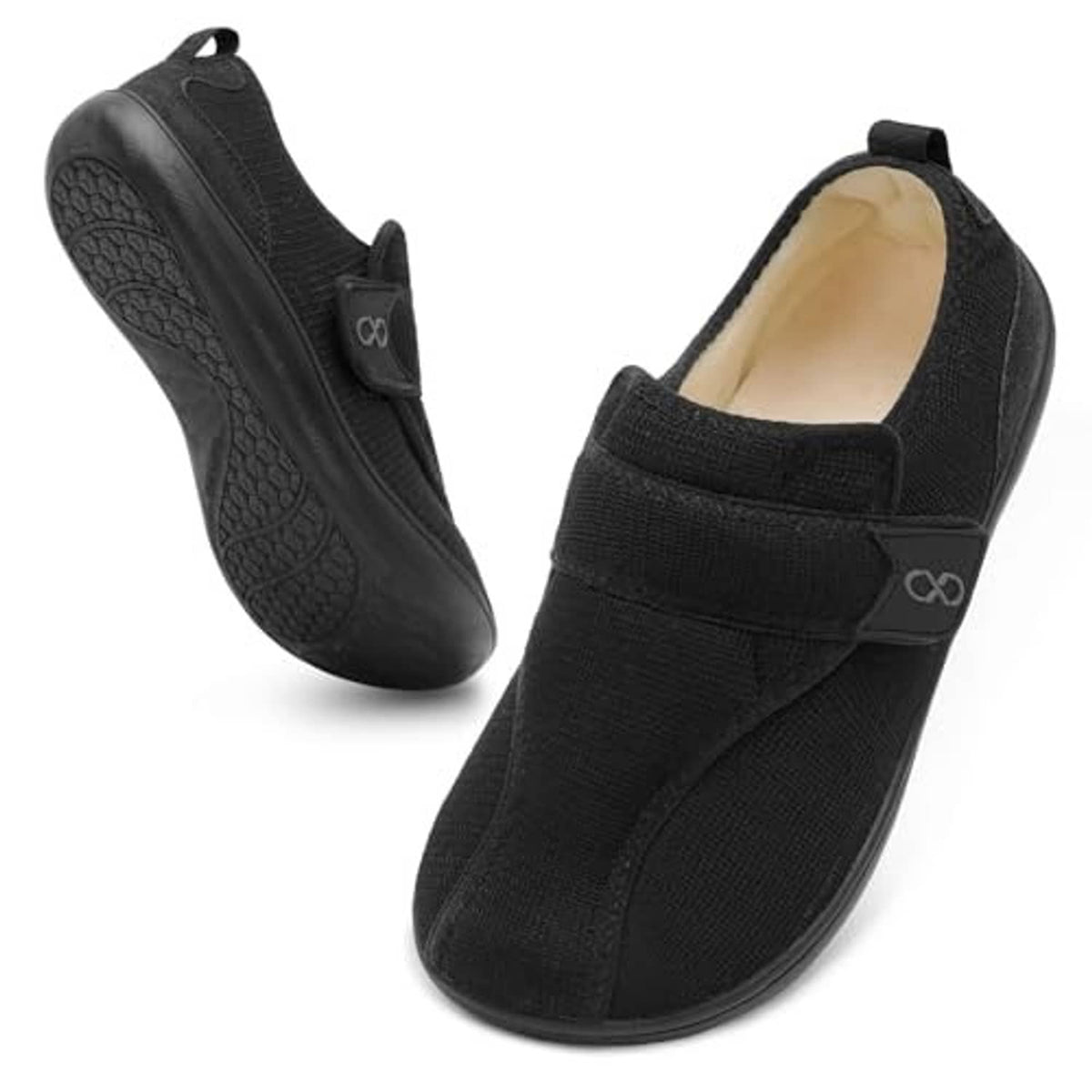 Black men's wide slip-on slippers with adjustable strap and open collar