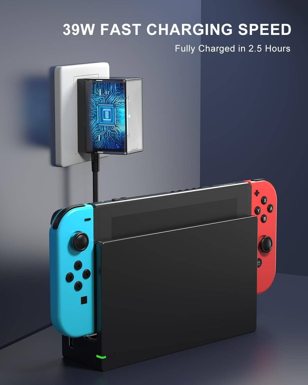 Black Switch TV dock station with attached HDMI cable and charging dock