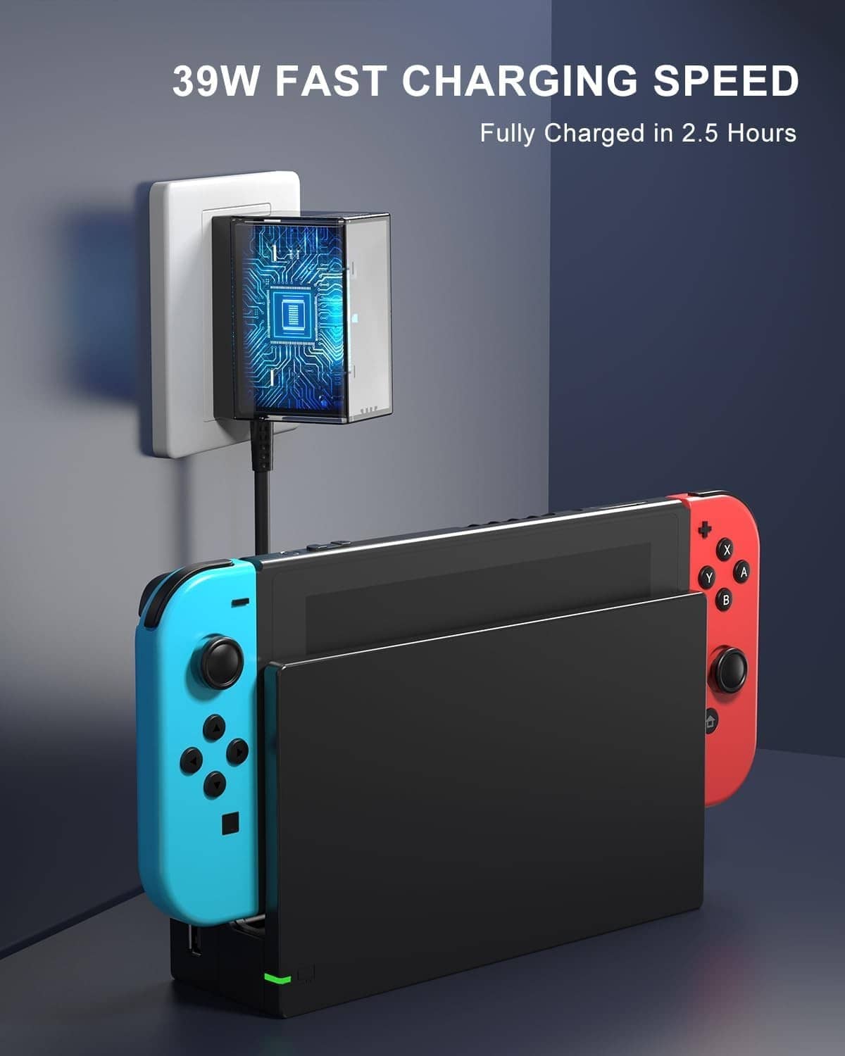 Black Switch TV dock station with attached HDMI cable and charging dock