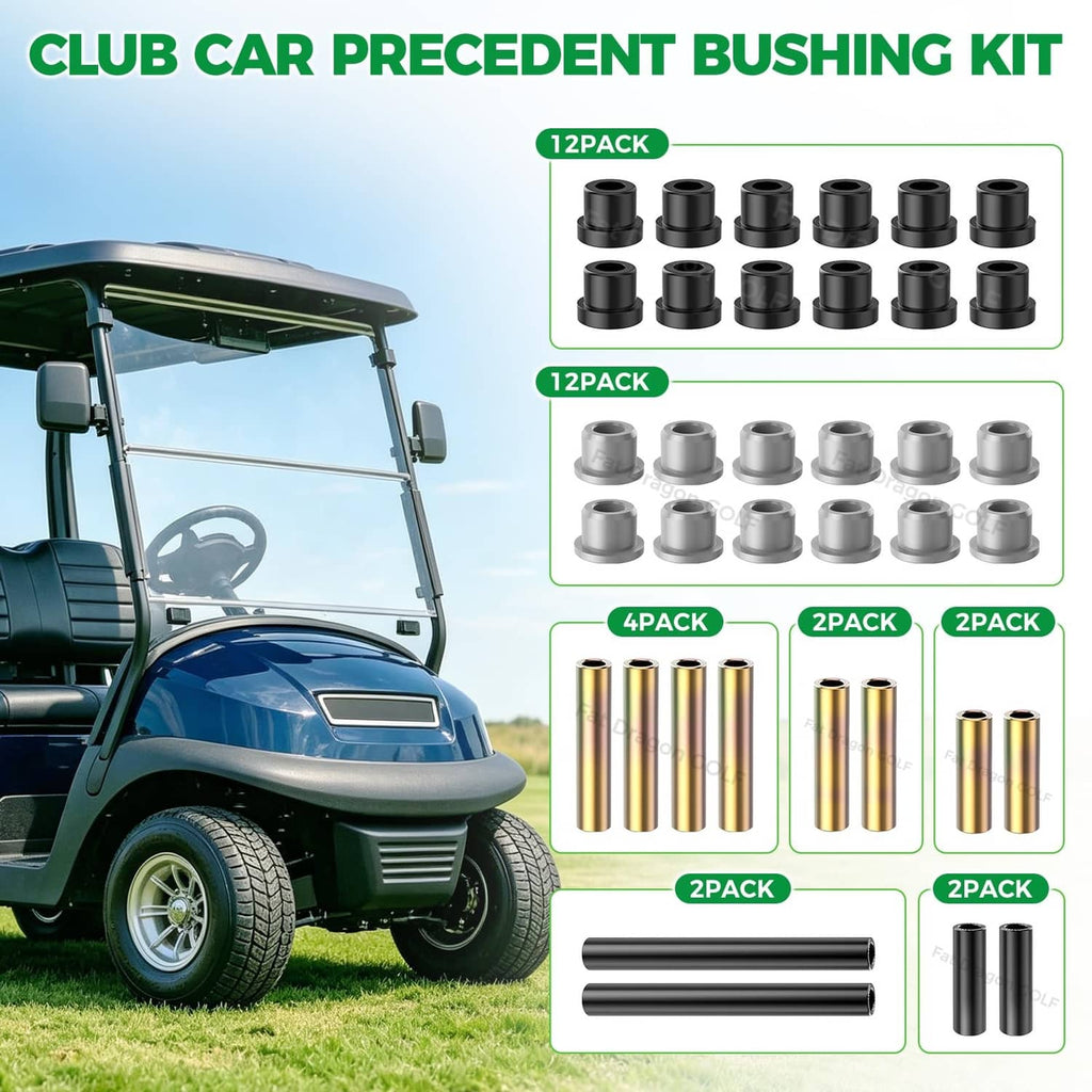 Club Car Precedent bushing kit contents: black and gray bushings, gold sleeves, pins