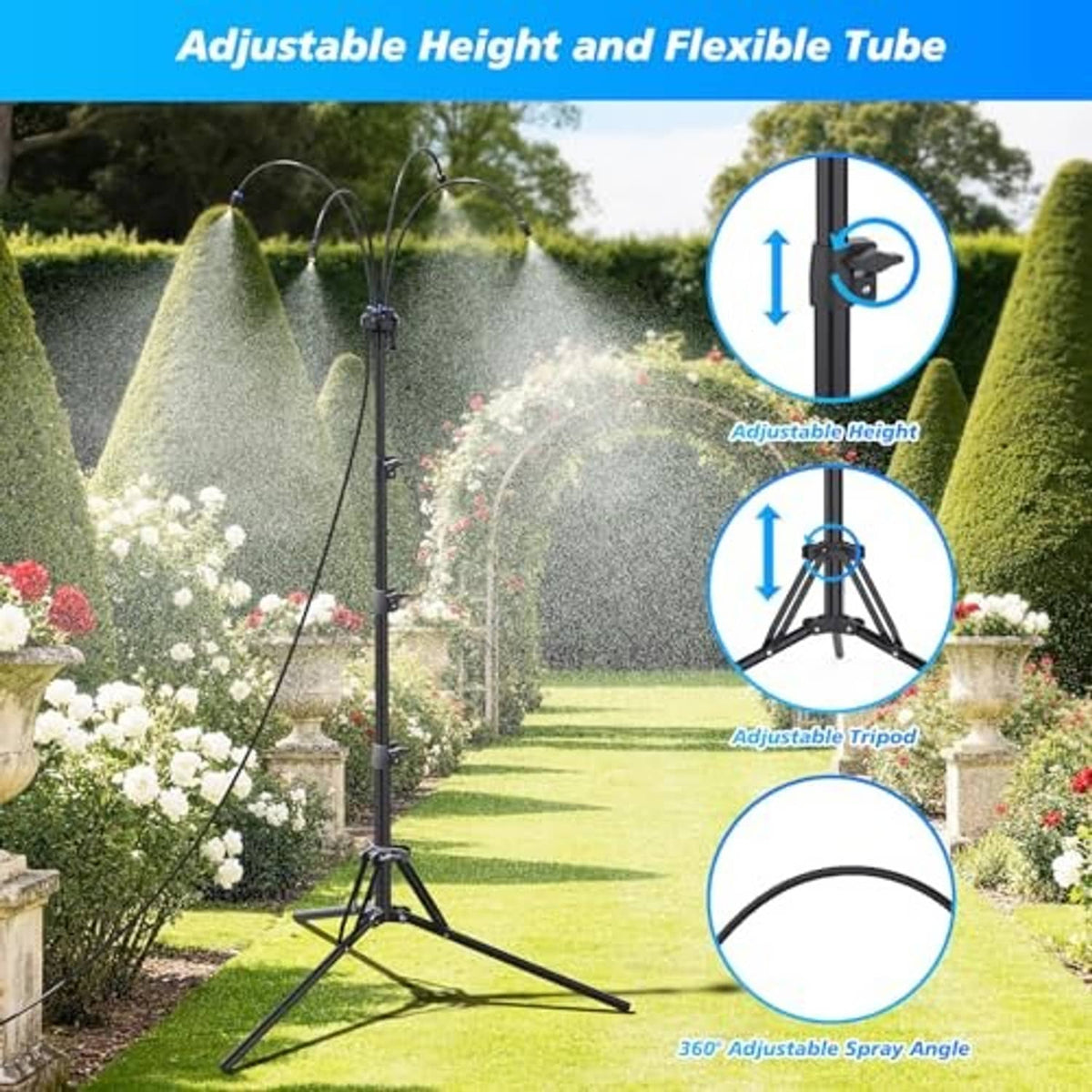 Adjustable height outdoor misting stand with flexible spray tube and tripod base