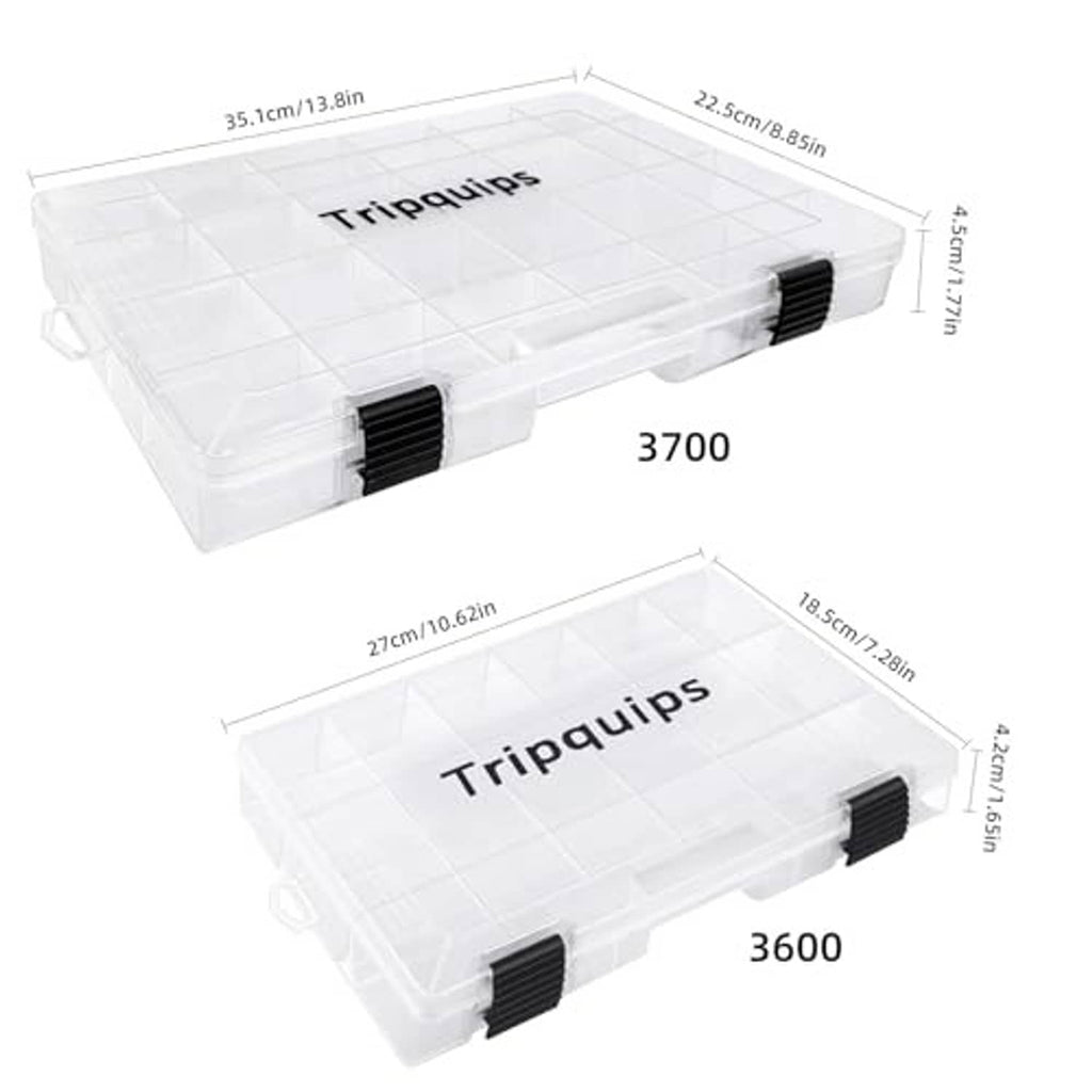 Clear plastic tackle tray storage box with black latch tabs and compartment grid