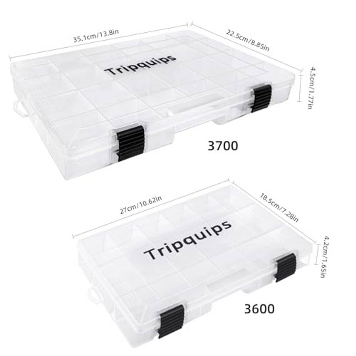 Clear plastic tackle tray storage box with black latch tabs and compartment grid