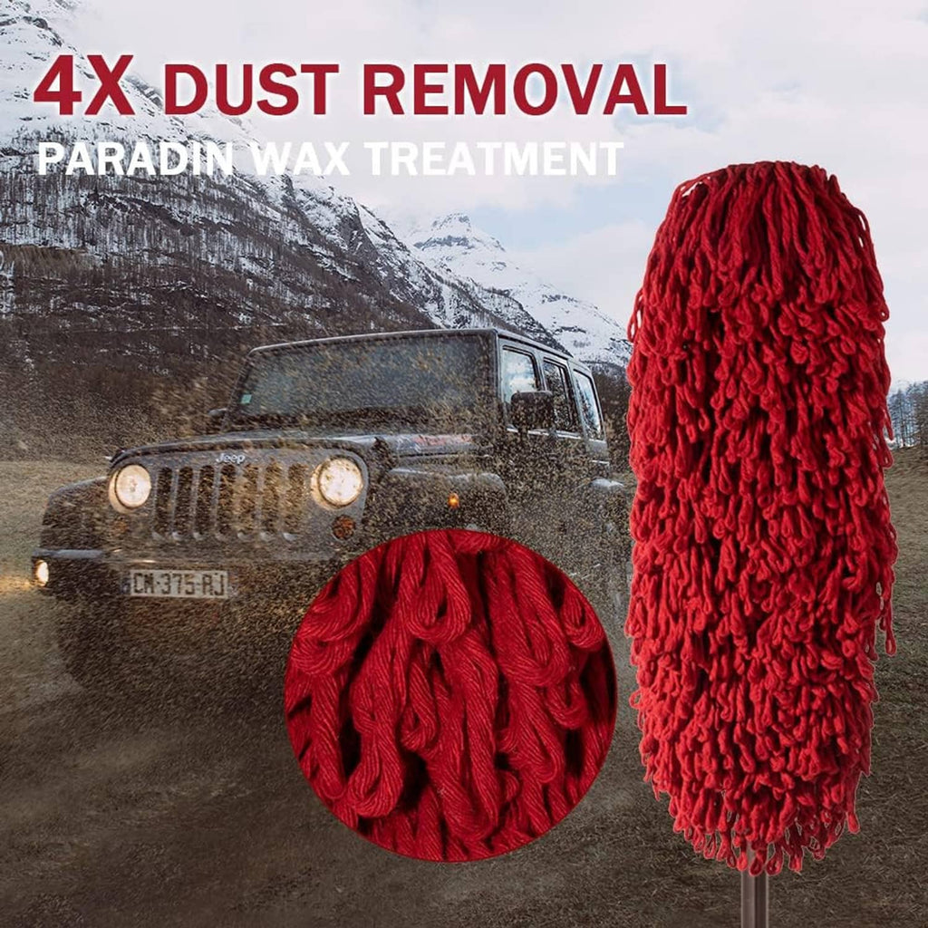 Red exterior car duster mop with swirling microfiber brush head