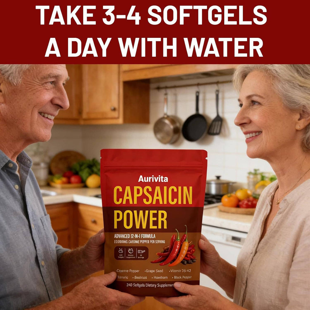 Aurivita Capsaicin Power softgels pouch held by a smiling couple in a kitchen