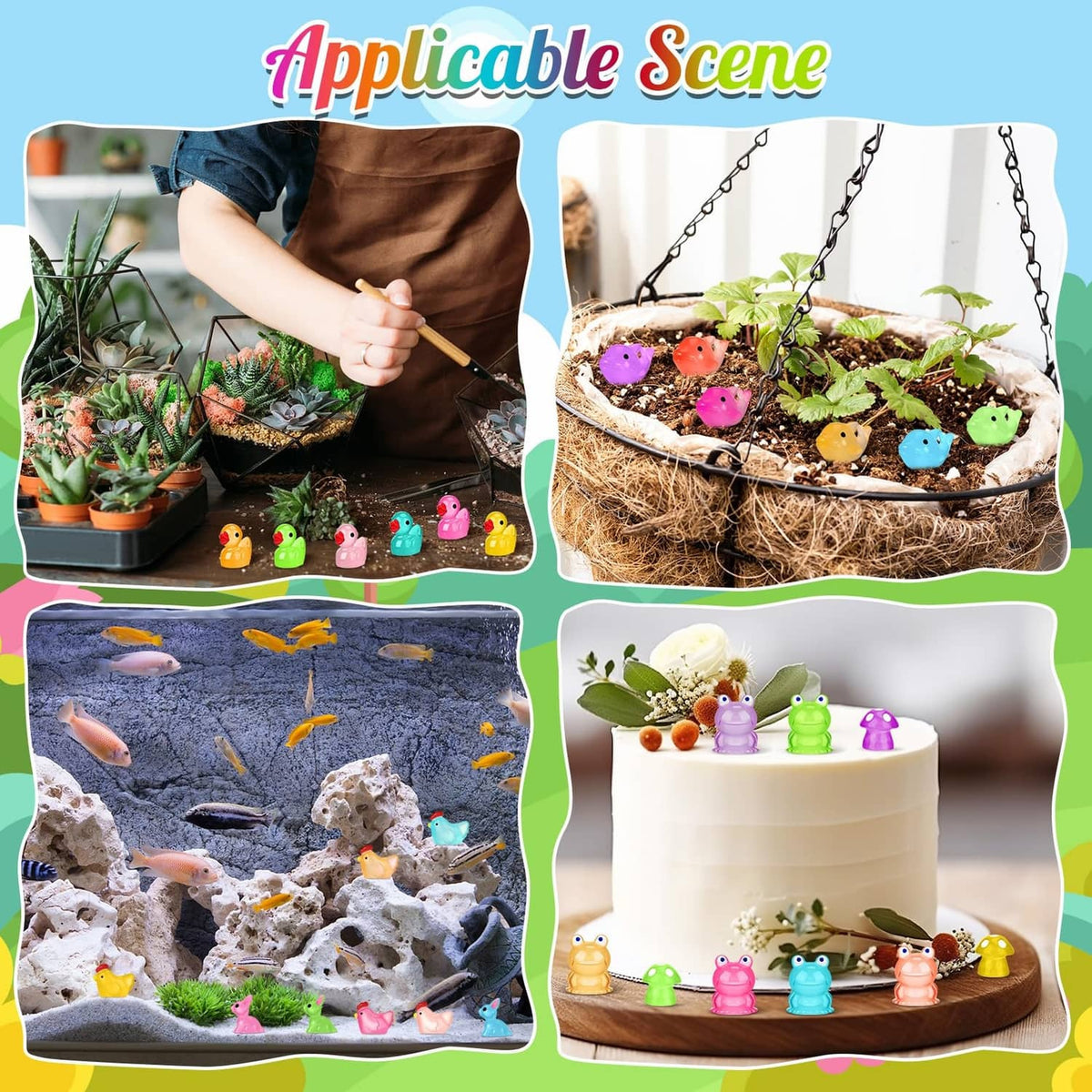 Mini duck figurines on shelves and in planters for outdoor or garden displays