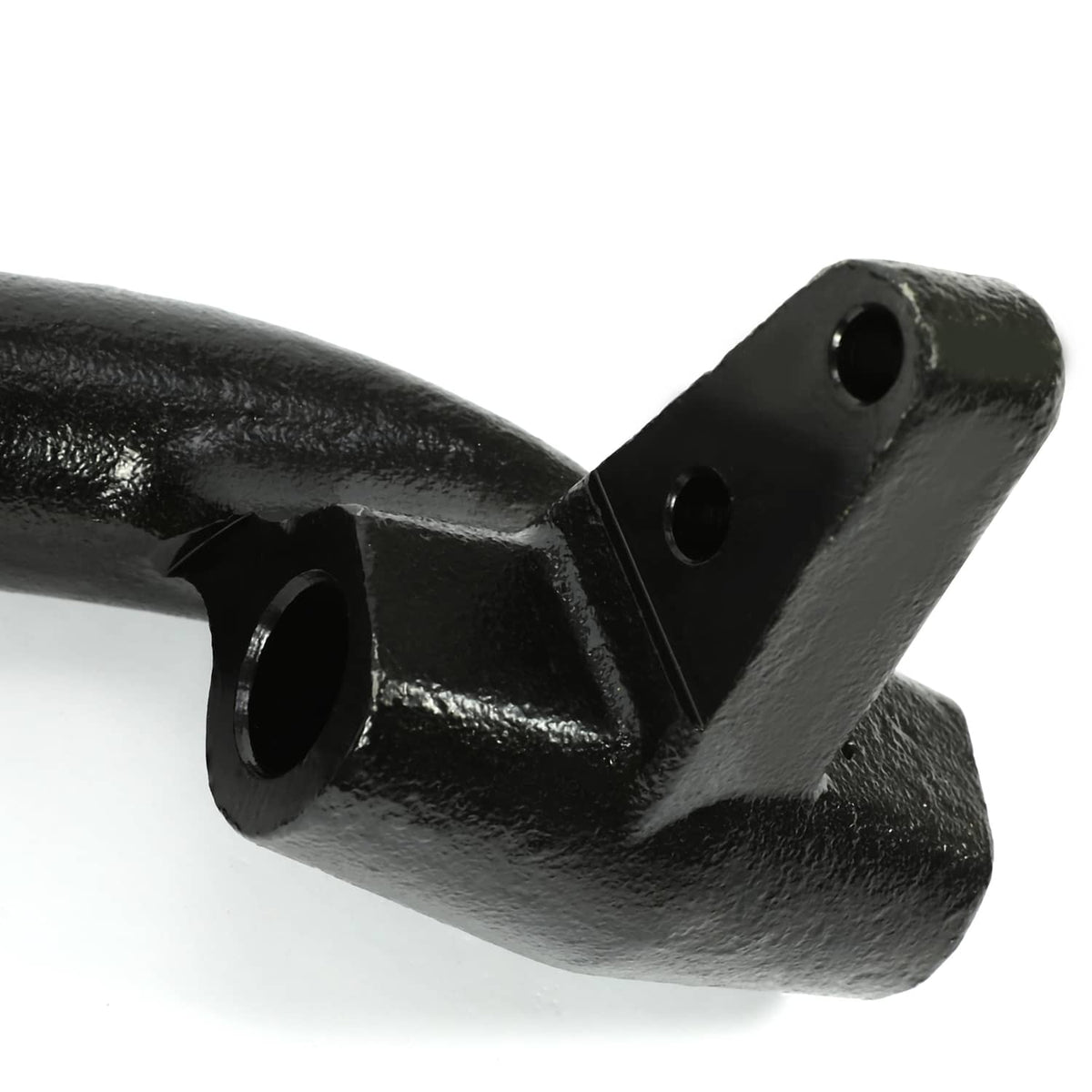 Powder-coated black spindle arm with mounting holes and connection joint