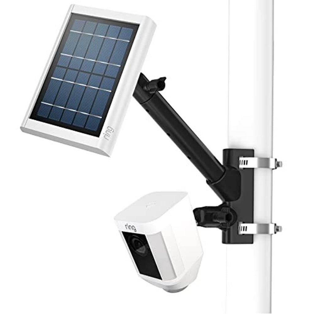Black pole mounting bracket with clamp plates for security camera on white pole