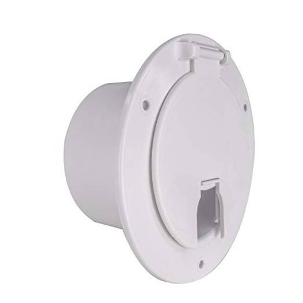 White RV power cord hatch cover with snap-lock door and cord inlet opening