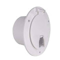 White RV power cord hatch cover with snap-lock door and cord inlet opening