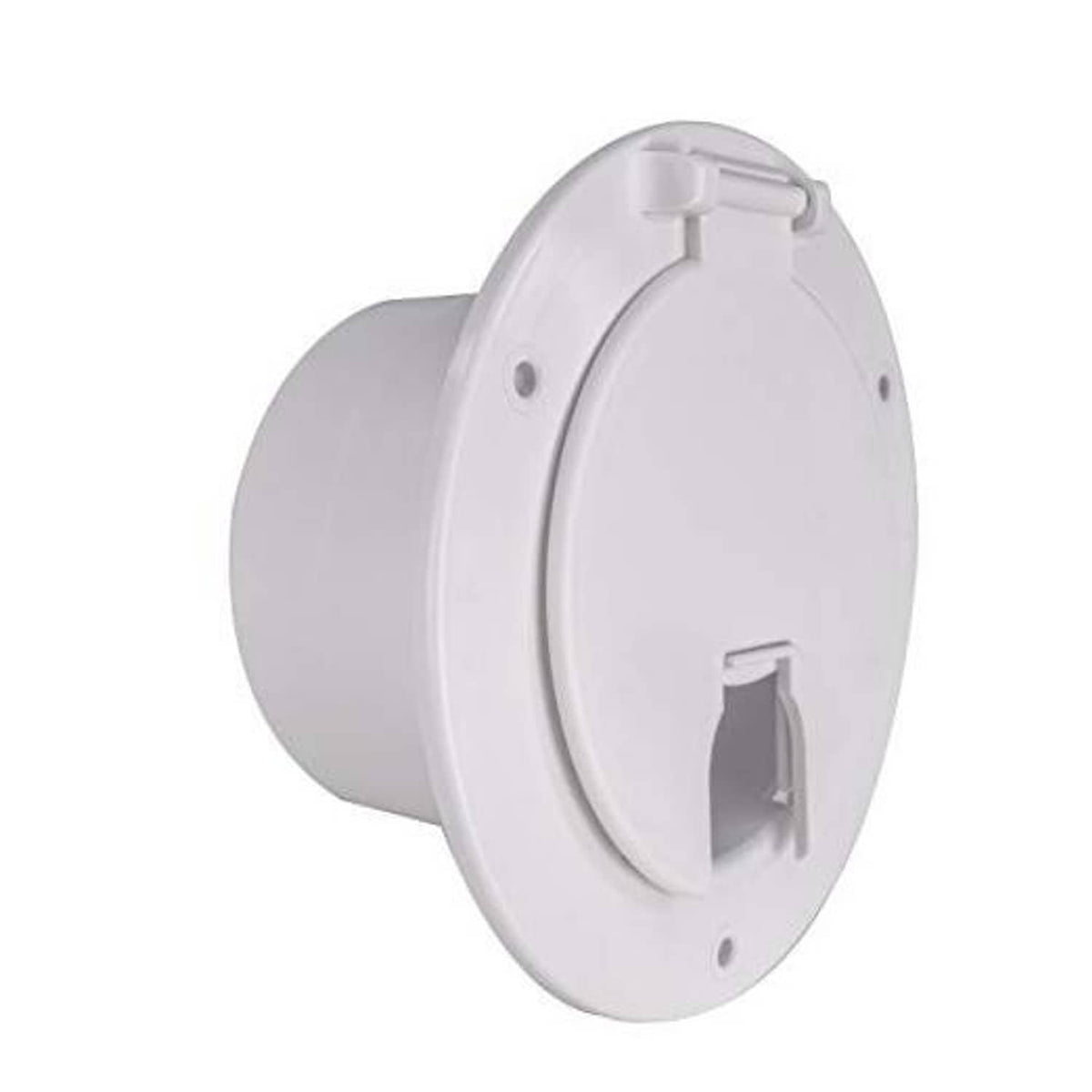 White RV power cord hatch cover with snap-lock door and cord inlet opening