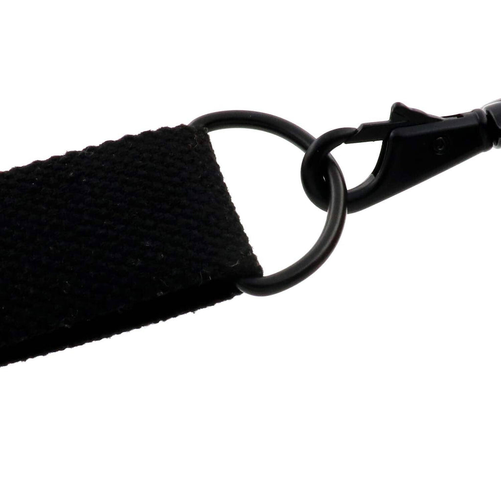 Black D-ring buckle sewn to webbing strap, non-welded metal loop