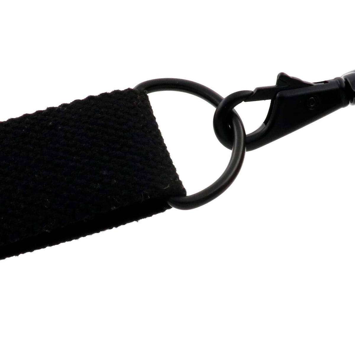 Black D-ring buckle sewn to webbing strap, non-welded metal loop