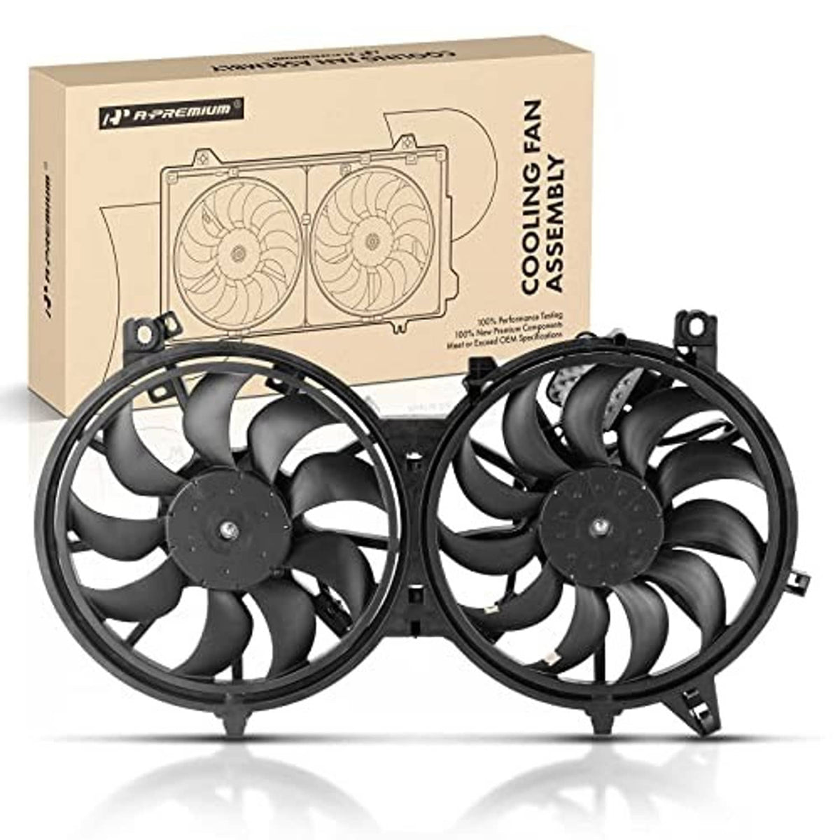Dual radiator cooling fan assembly with two black impellers and mounting bracket tabs
