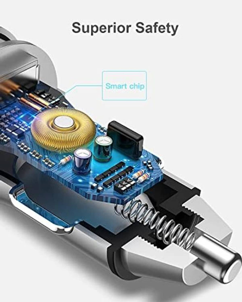 USB-C car charger cutaway showing internal PCB circuitry and smart chip components