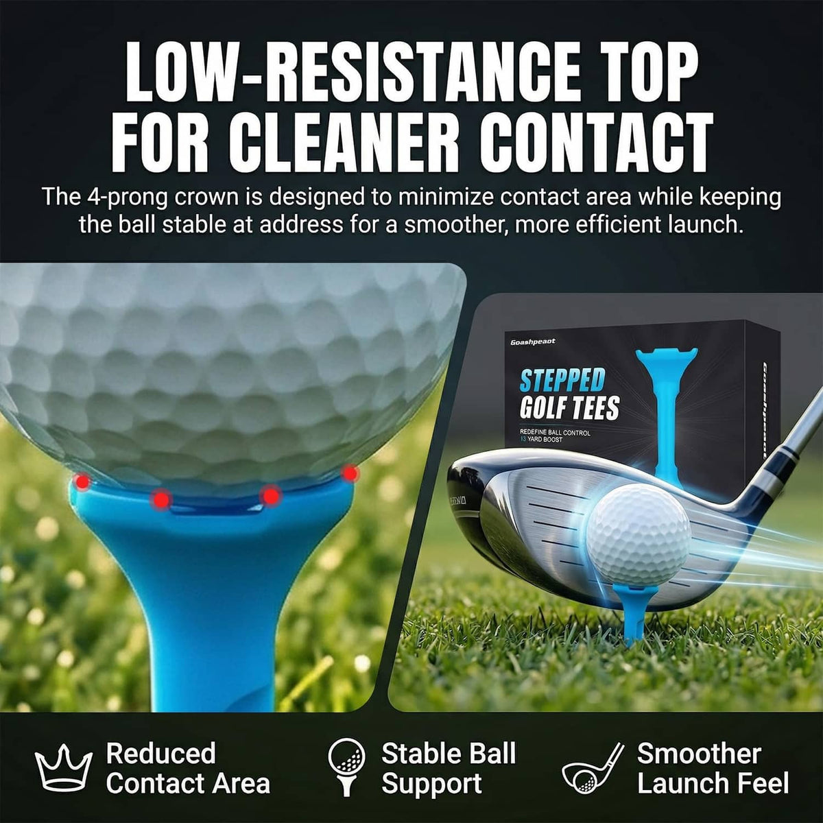 Blue stepped golf tee with low-resistance top and integrated stop ring for stable contact