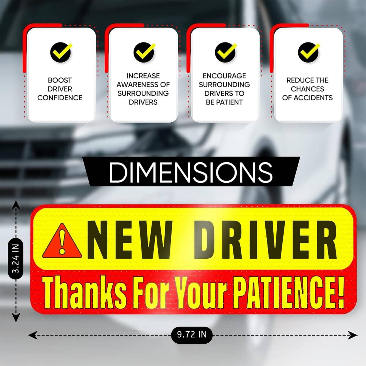 “NEW DRIVER” magnetic sign with feature checklist and “DIMENSIONS” header.