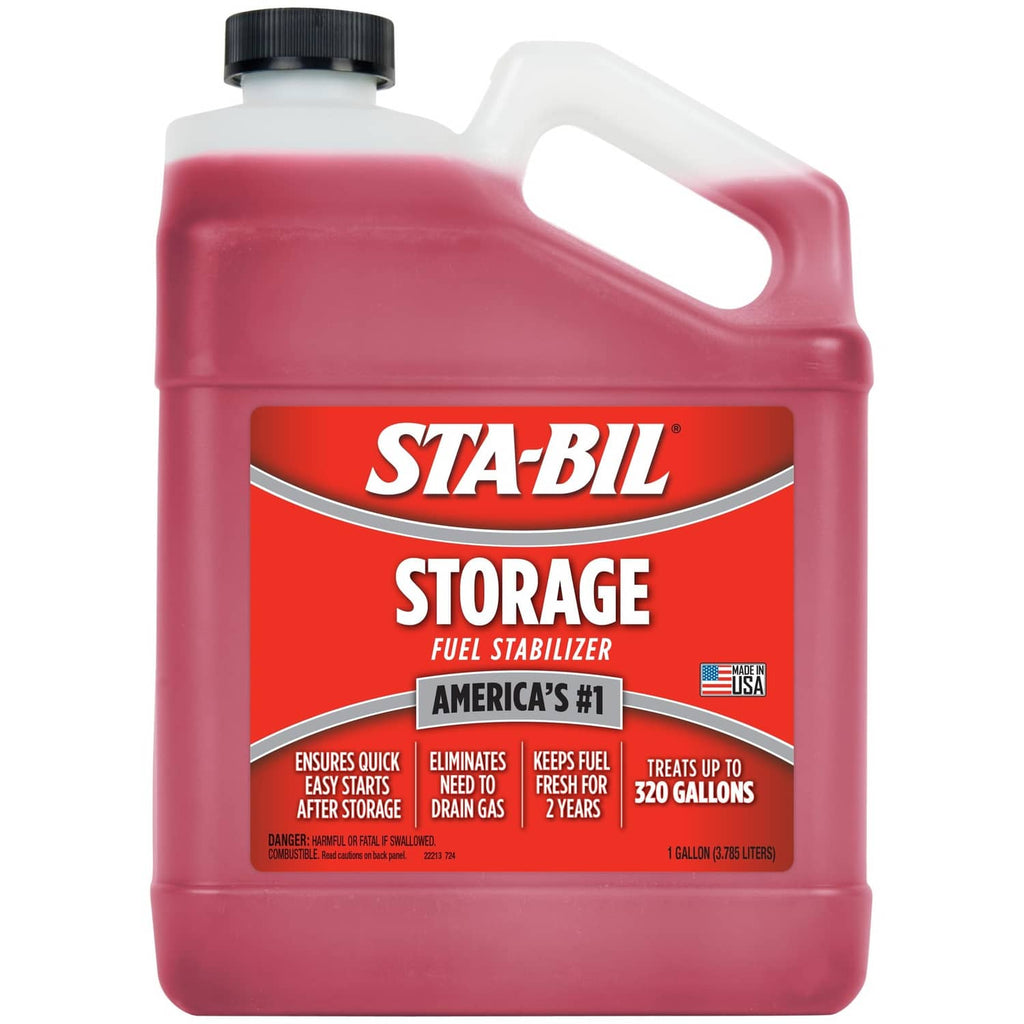 Red Sta-Bil storage fuel stabilizer jug with black cap and front label