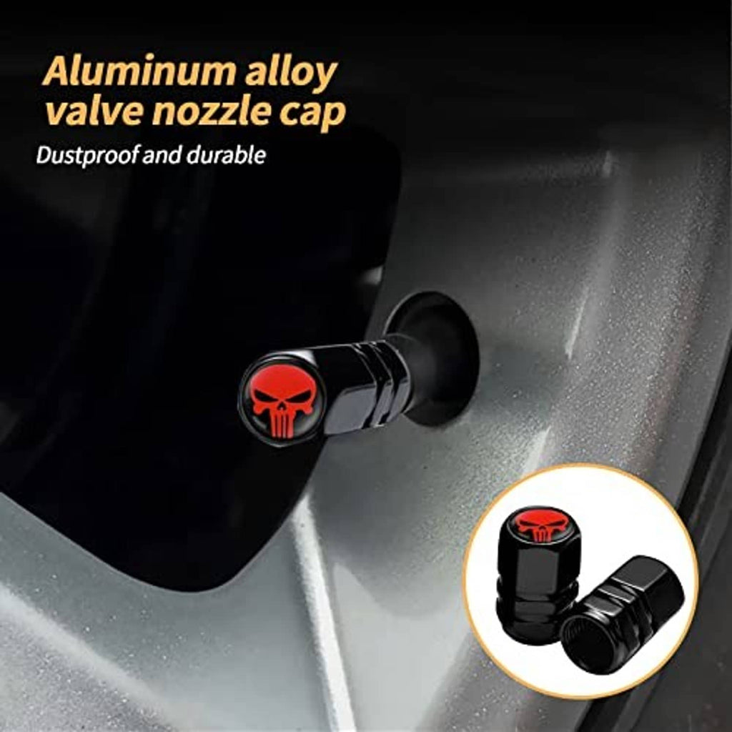 Black tire valve stem cap with red skull emblem on wheel, dustproof cover