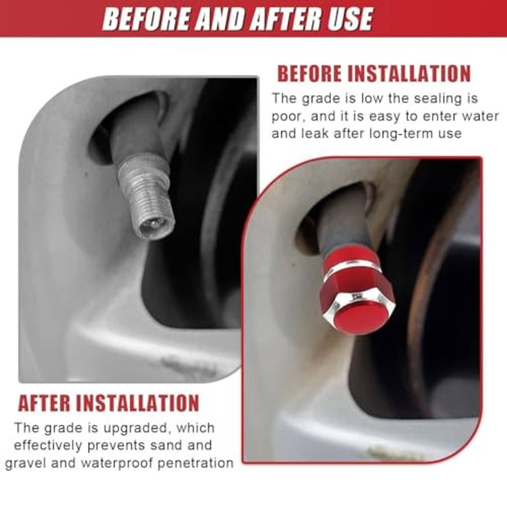 Red tire valve stem cap with chrome hex collar shown before and after installation.