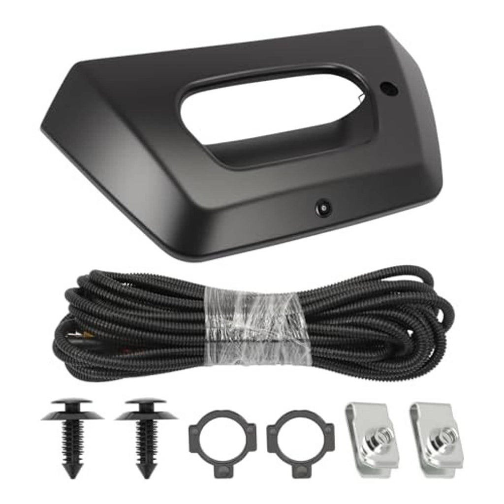 Matte black tailgate handle bezel trim with wiring harness and mounting hardware kit pieces
