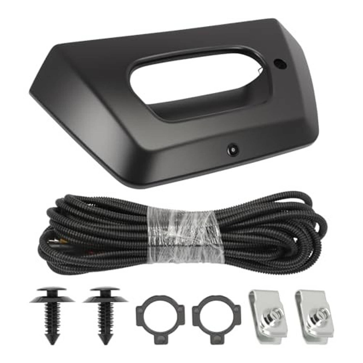 Matte black tailgate handle bezel trim with wiring harness and mounting hardware kit pieces