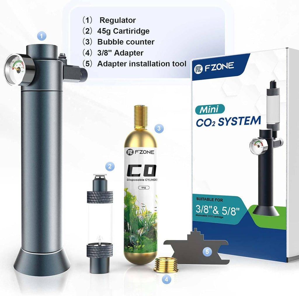 Mini CO2 system kit with regulator, 45 g disposable cartridge, bubble counter, and adapters