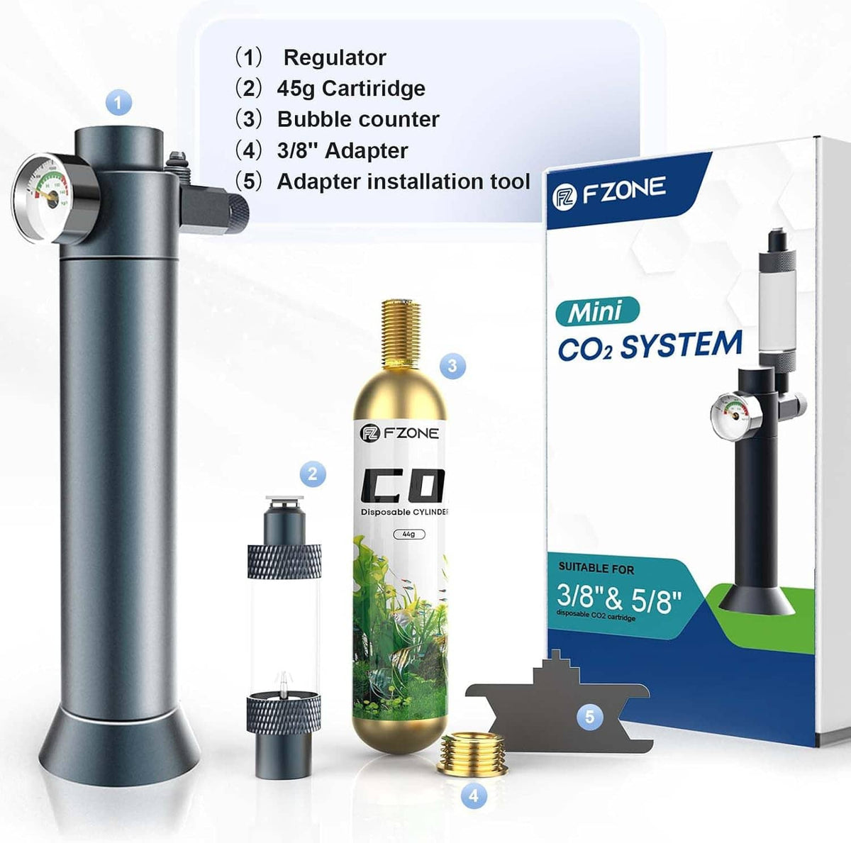 Mini CO2 system kit with regulator, 45 g disposable cartridge, bubble counter, and adapters